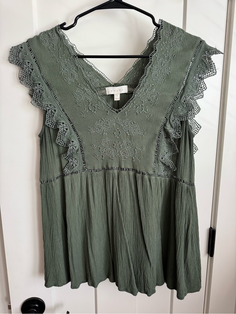 Adiva Olive Green Embroidered V-Neck Ruffle Tank